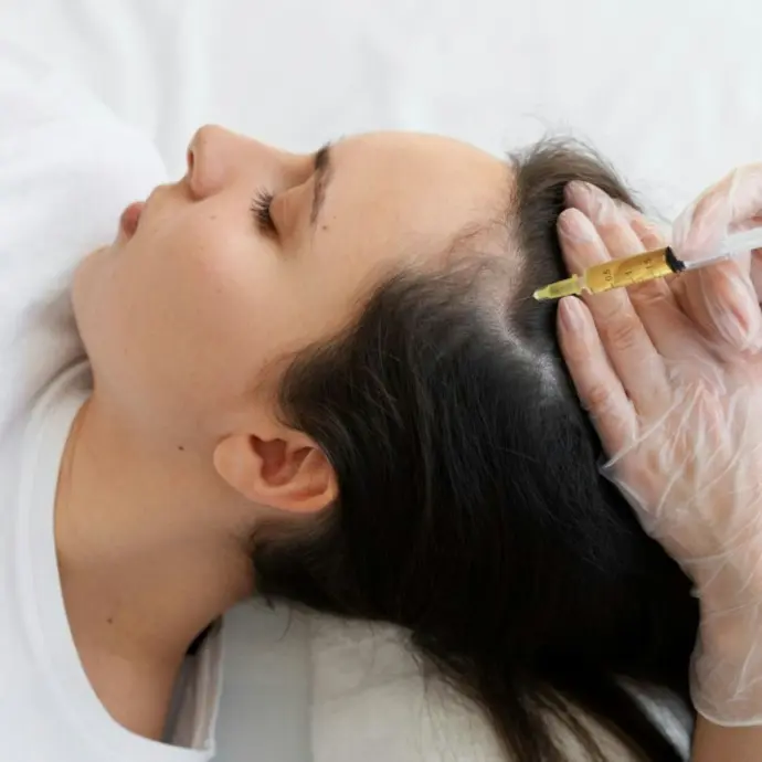Woman receives a hair treatment injection.